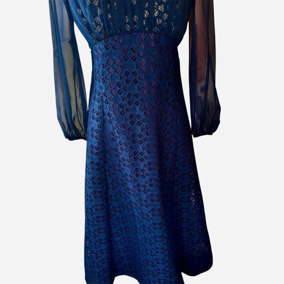 Vintage Union-Made Navy Blue Lace Dress with Sheer Sleeves | EUC | Size XS (0-2) - Picture 3 of 9